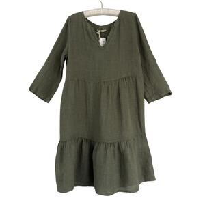 Francesca Bettini Dress MED Olive Green 100% Linen Minimalist Cottage Boho NEW